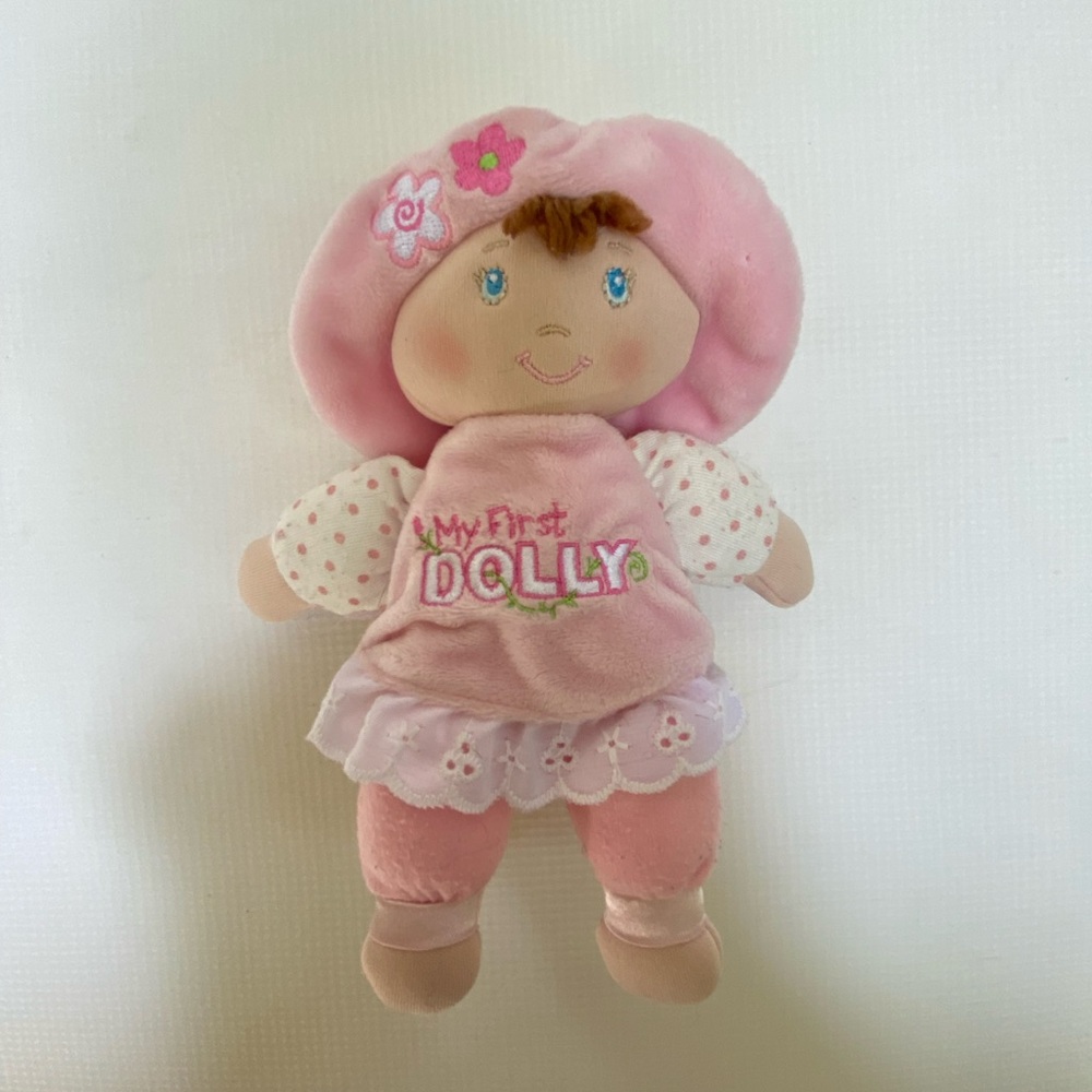 Baby Gund My First Dolly 8” Pink Dress Light Brown Hair Blue Eyes Rattle Lovey